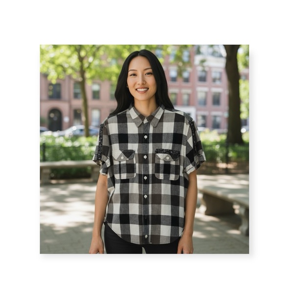 LF Tops - new LF Furst of a Kind  Sequin Embellish Plaid Flannel Shirt Shacket  Academia